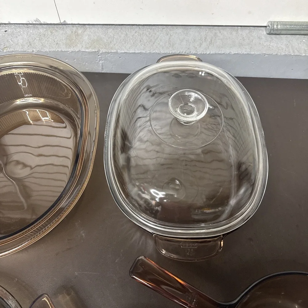 VTG CORNING VISION PYREX 6 Piece Amber & 1 Piece Clear Lid Roasting Pan Pot Pie